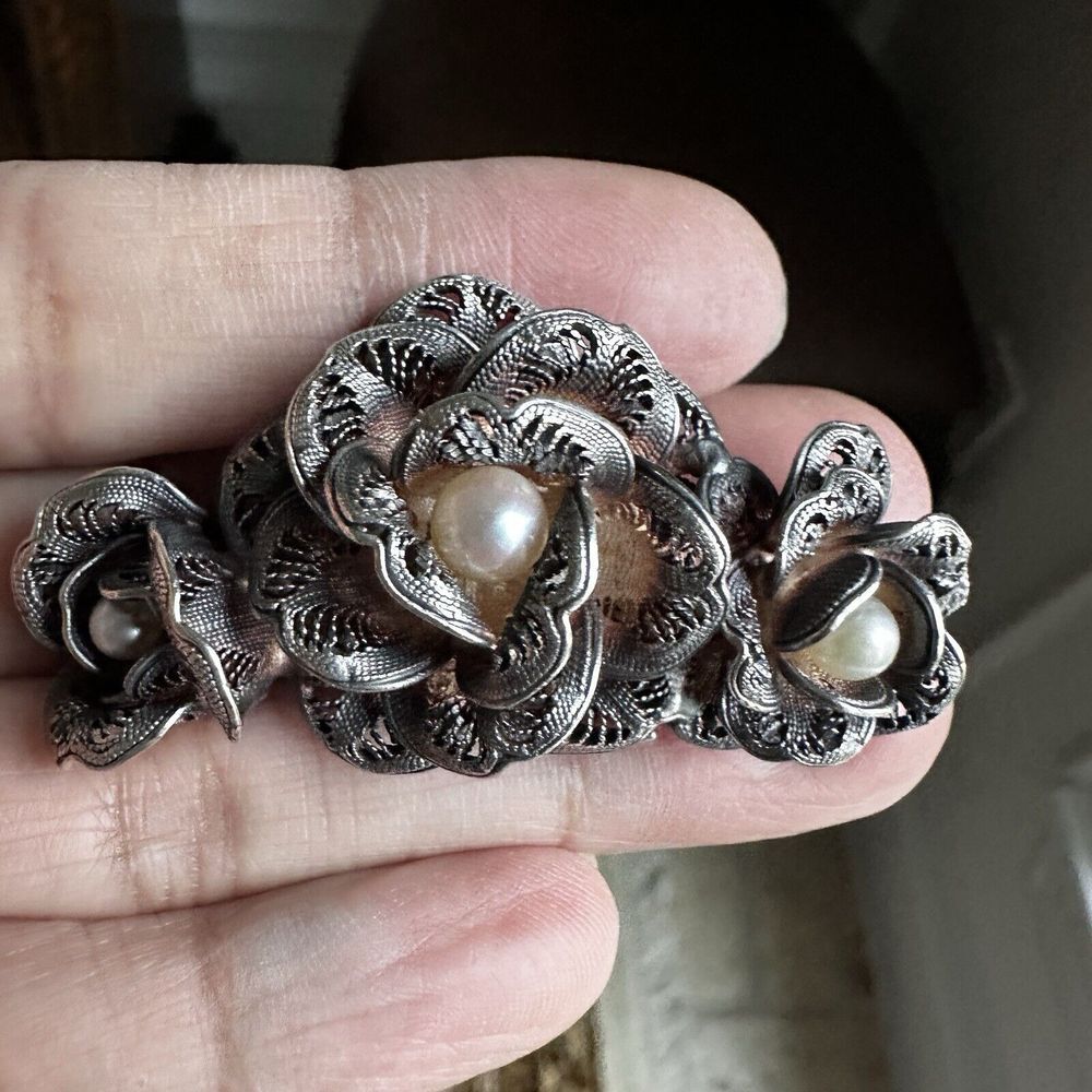 VTG Art Deco Cannetille Brooch 2.25" Real‎ Pearls Flowers Sterling Silver 23.4g